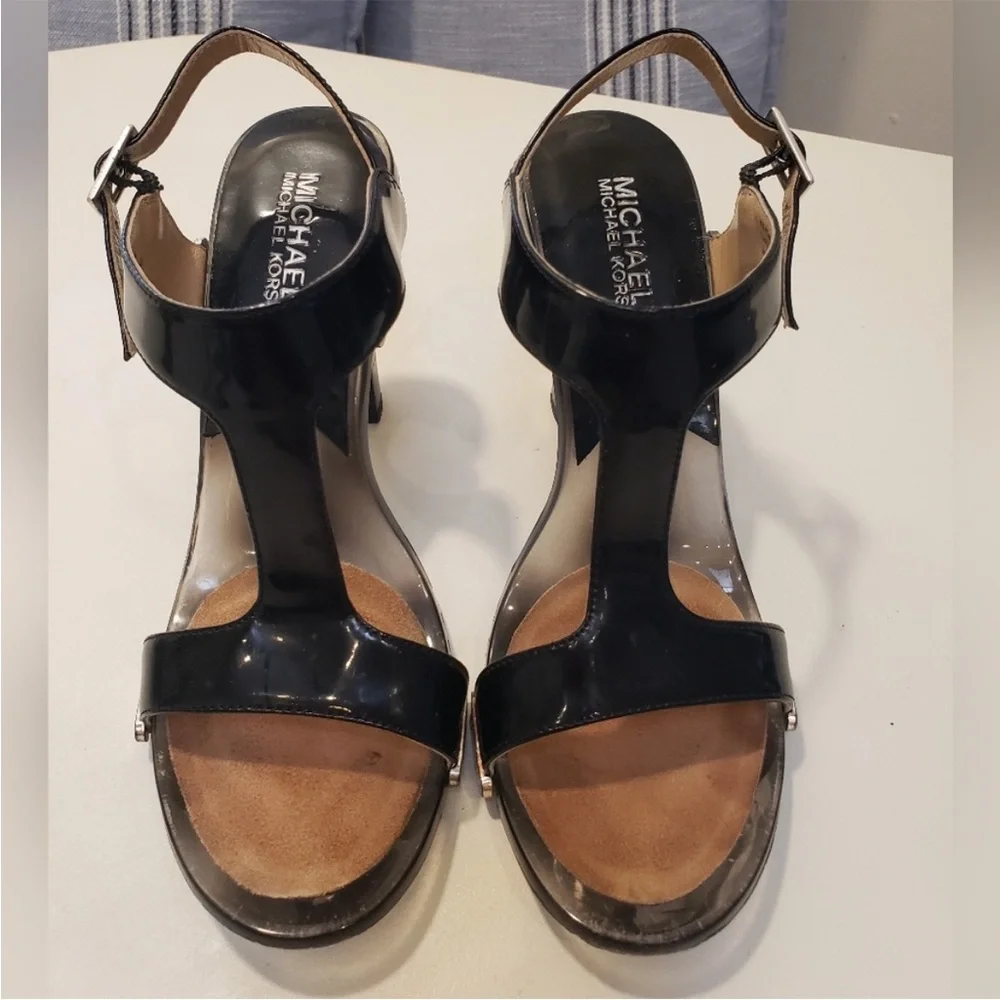 Michael Kors Black Patent T-Strap Heeled Sandals
